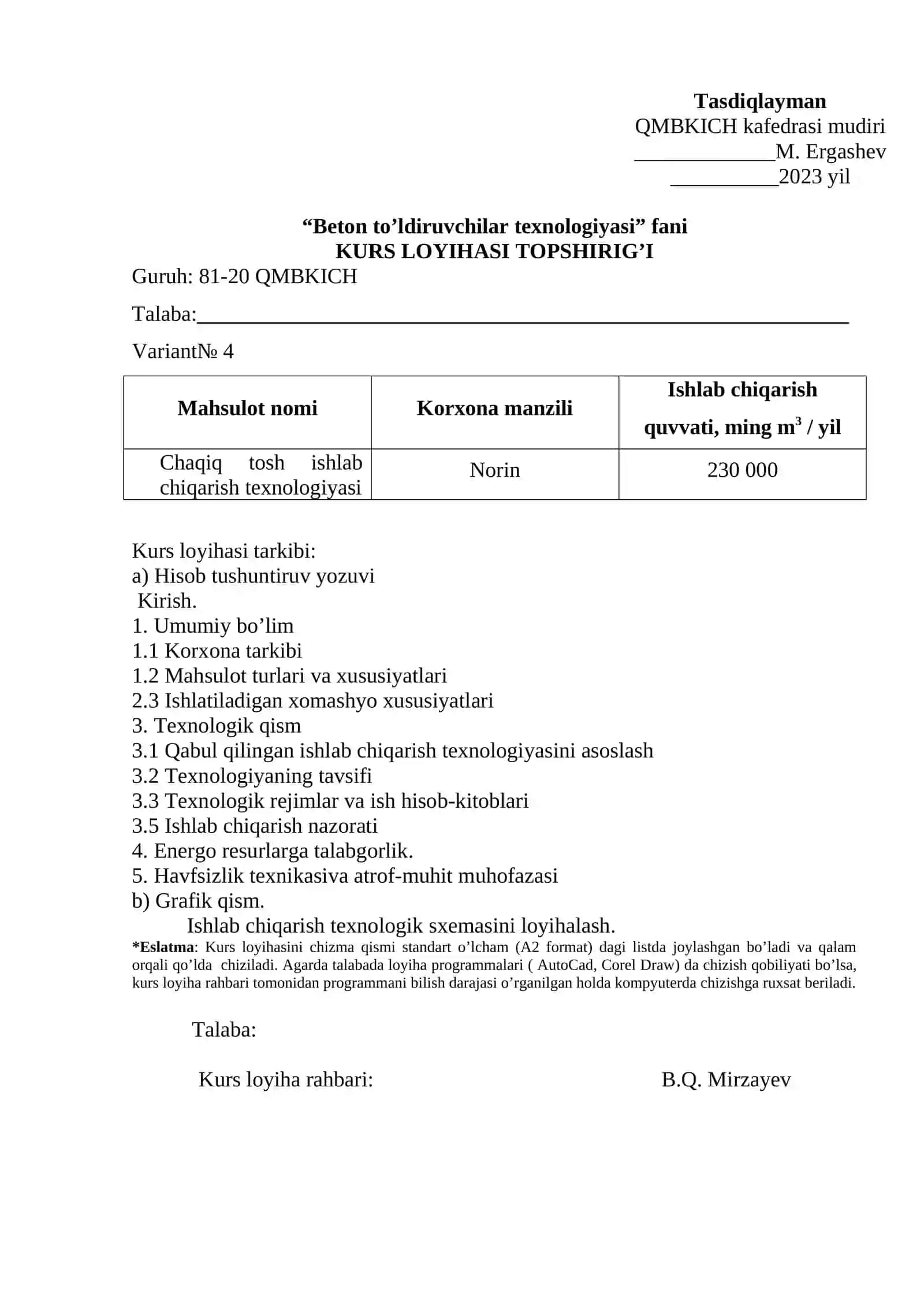 Beton to’ldiruvchilar texnologiyasi fani. KURS LOYIHASI TOPSHIRIG’I 4