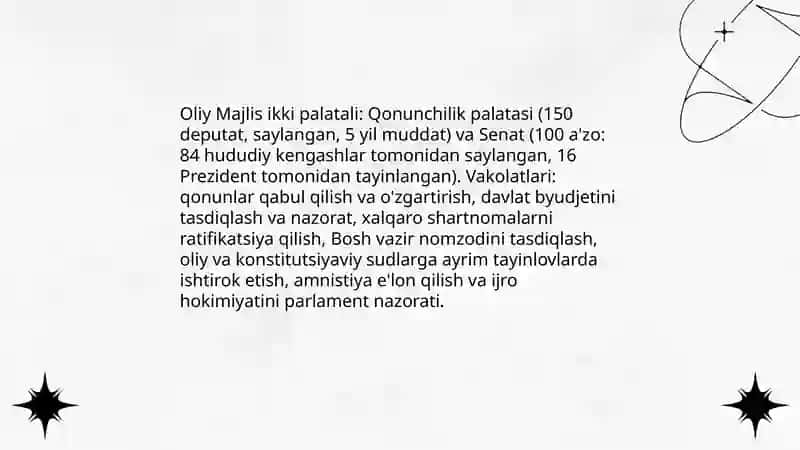 Oʻzbekiston respublikasida hokimiyatlar tizimi(qonun chiqaruvchi ijro etuvchi va sud hokimiyati) Normoʻminova Durdona 4
