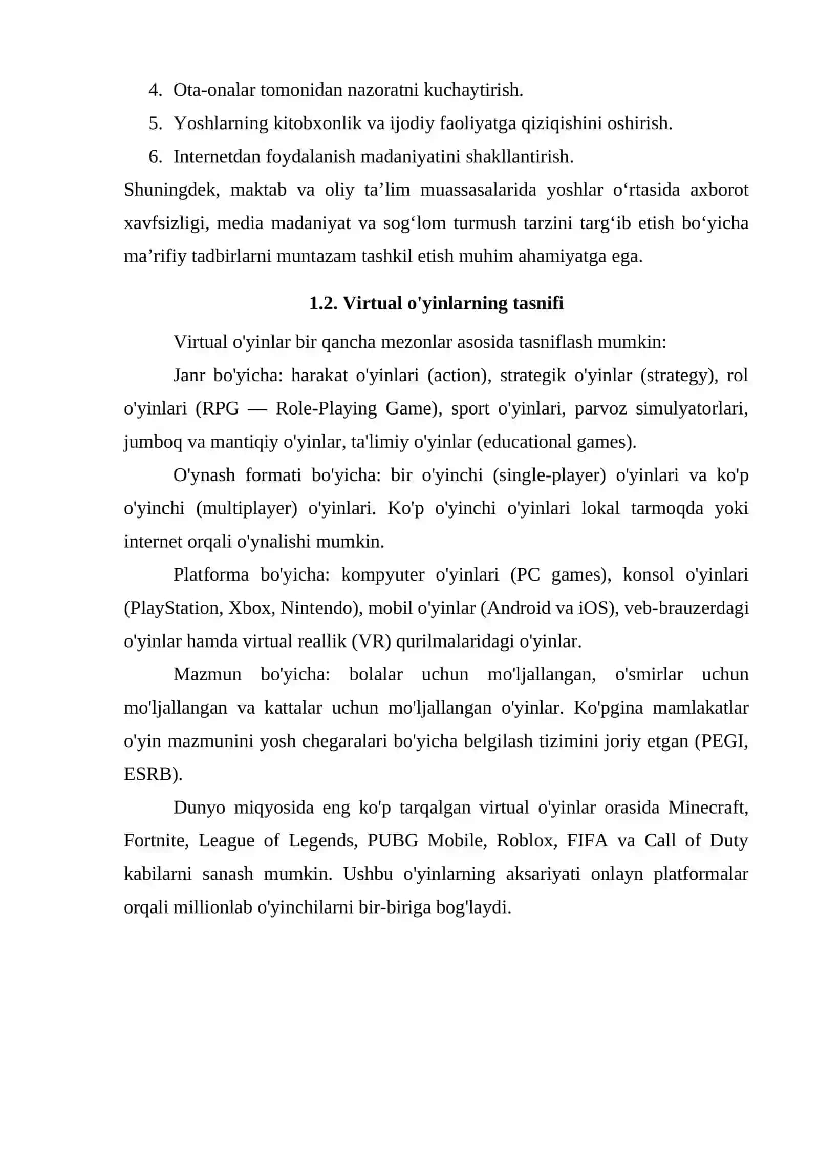 VIRTUAL O'YINLAR: TUSHUNCHA VA TASNIFI 4