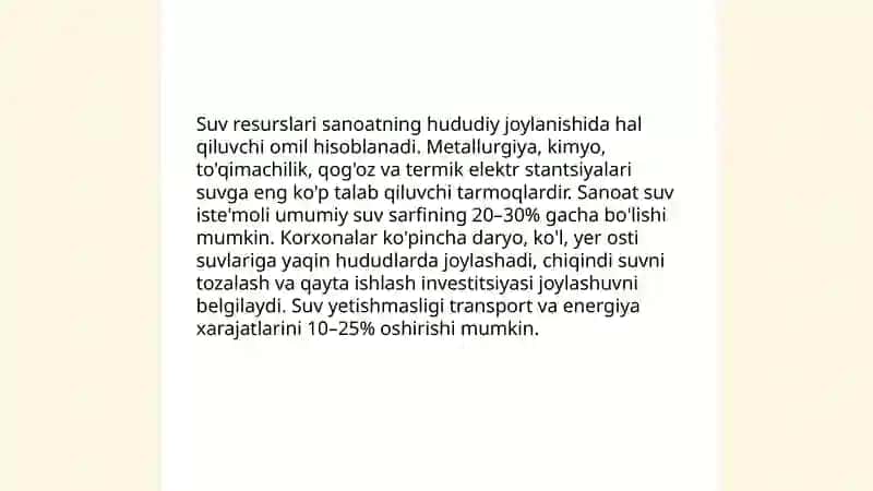 Sanoat tarmoqlarining hududiy joylanishi va rivojlanishiga tabiiy va iqtisodiy omillarning ta'siri 4