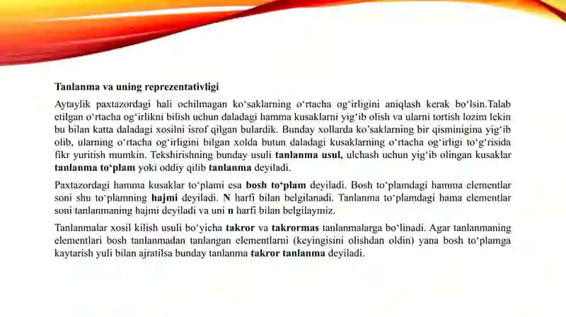 Statistik yig’malar . Namunaning reprezentativligi 4