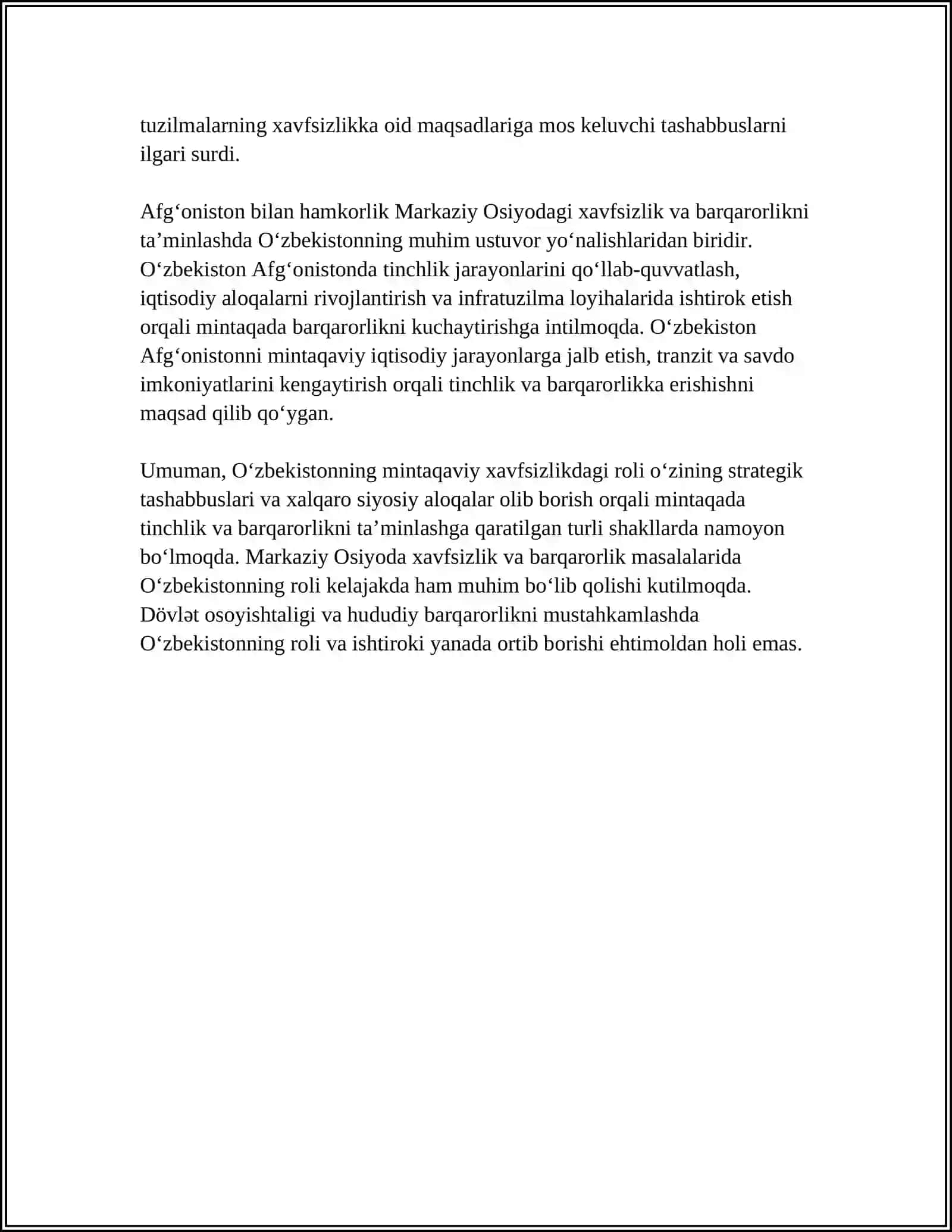 O‘zbekistonning markaziy Osiyoda tinchlik va barqarorlikni taʼminlashdagi o‘rni 4