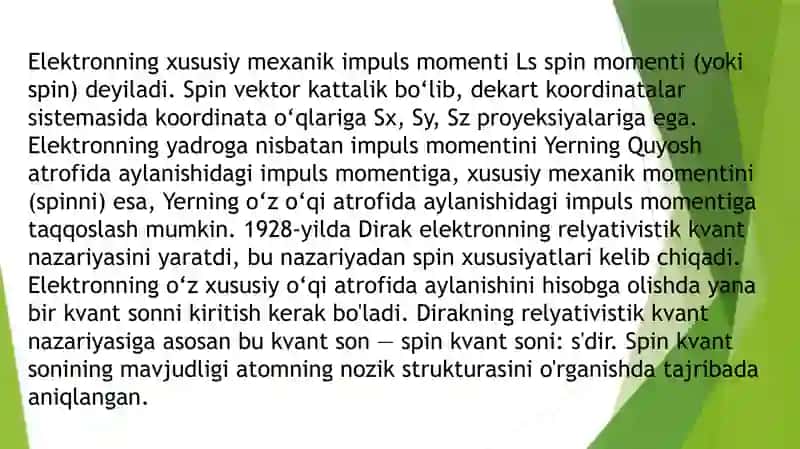 ELEKTRONNING ORBITAL MEXANIK MOMENTI ELEKTRONNING ORBITAL  MAGNIT MOMENTI  ELEKTRONNING XUSUSIY MOMENTI SPIN SHTIM VA  GERIAX TAJRIBALARI 4