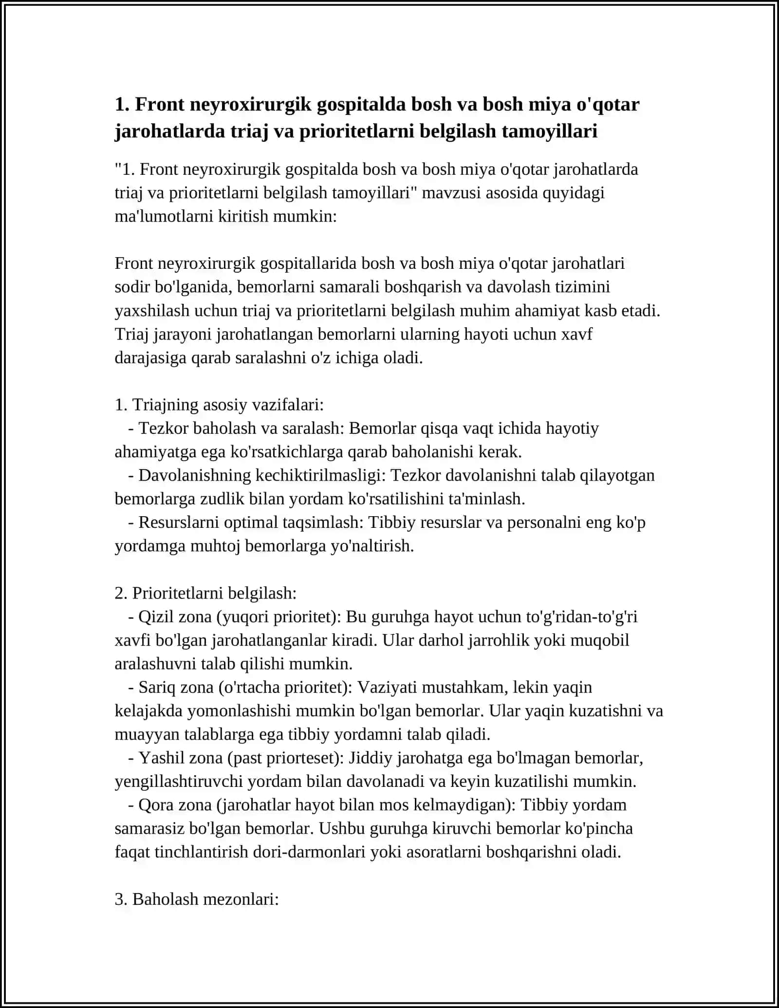FRONT NEYROXIRURGIK GOSPITALLARIDA BOSH VA BOSH MIYA O'QOTAR JAROHATLARIDA DAVOLASHNI TASHKILLASHTIRISH TAMOYILLARI 4