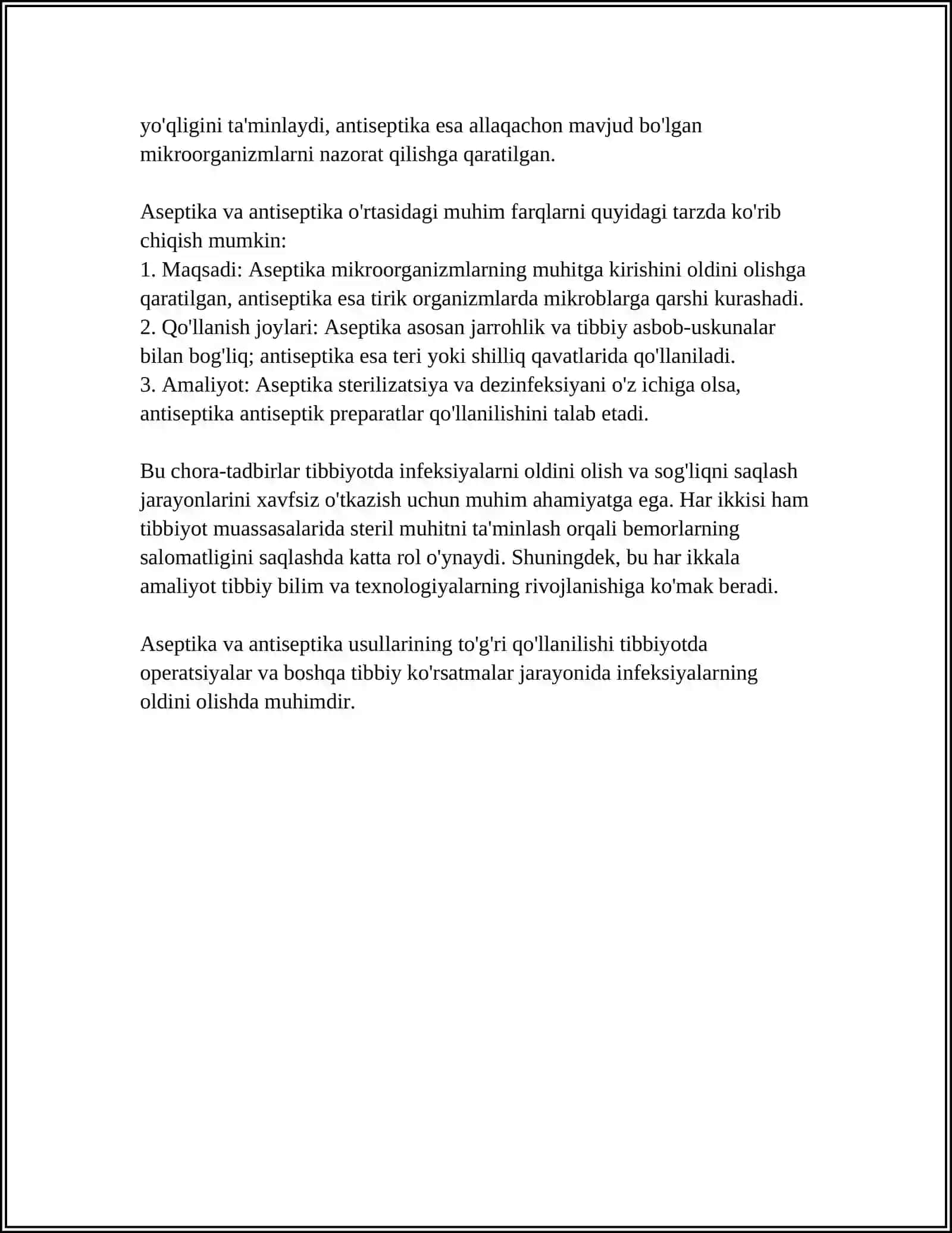 ASEPTIKA VA ANTISEPTIKA. XIRURGIK INFEKSIYALARNING OLDINI OLISH. OPERATSIYA VA BOGʻLOV XONASINI YIGʻISHTIRISH 4