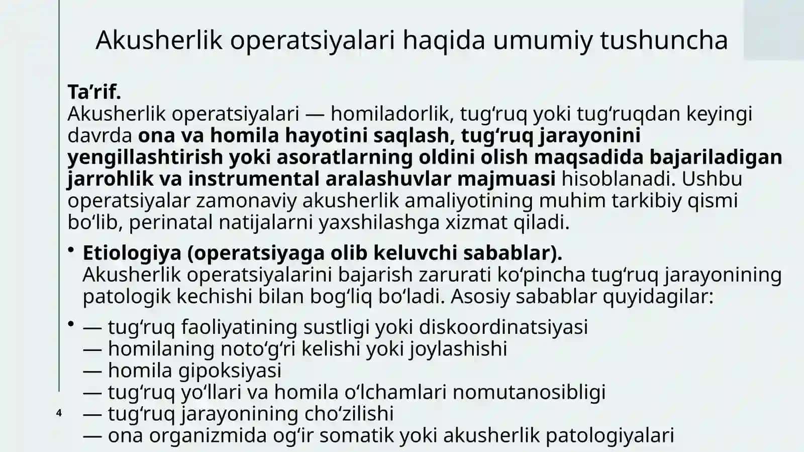 Akusherlik operatsiyalari. Xomilani noto‘g‘ri kelishi va joylashishida tashqi akusherlik to‘g‘irlashi. Akusherlik qisqichlari. Xomila vakuum ekstraksiyasi 4