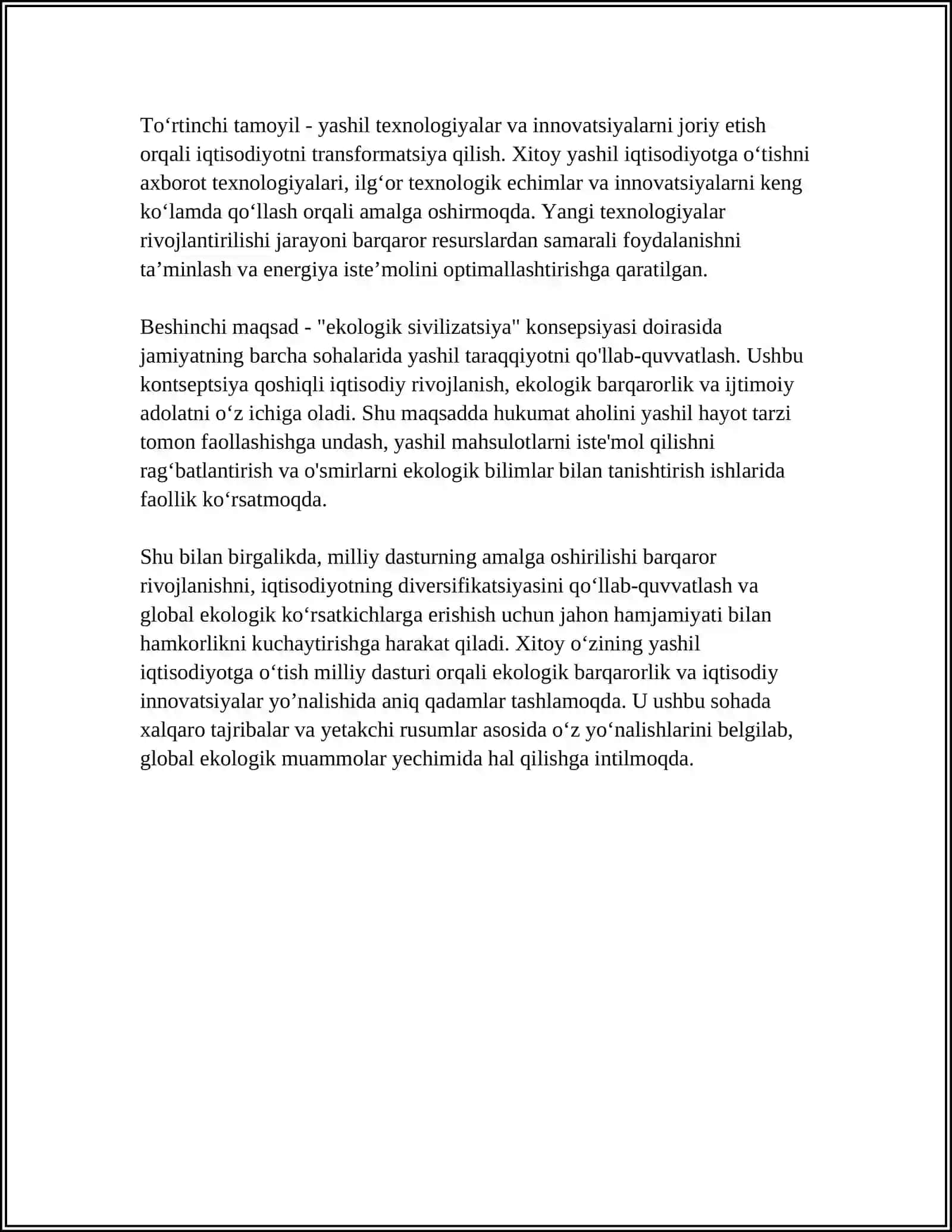 RIVOJLANAYOTGAN MAMLAKATLARDA "YASHIL IQTISODIYOT"GA OʻTISHNING MILLIY DASTURI.(XITOY) 4