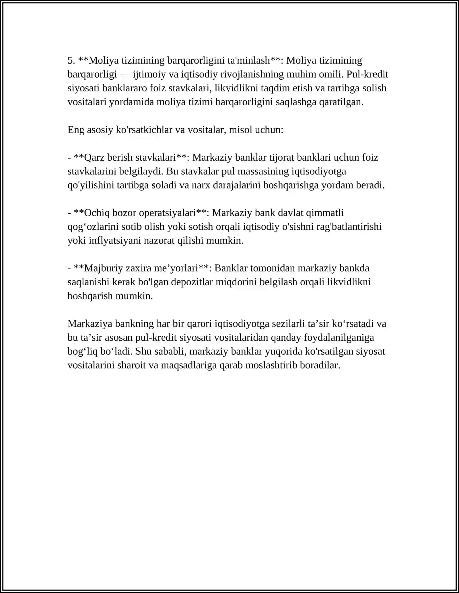 MUSTAQIL ISH Mavzu: MONETAR SIYOSATNING AN’ANAVIY VA NOAN’ANAVIY INSTIRUMENTLARI 4