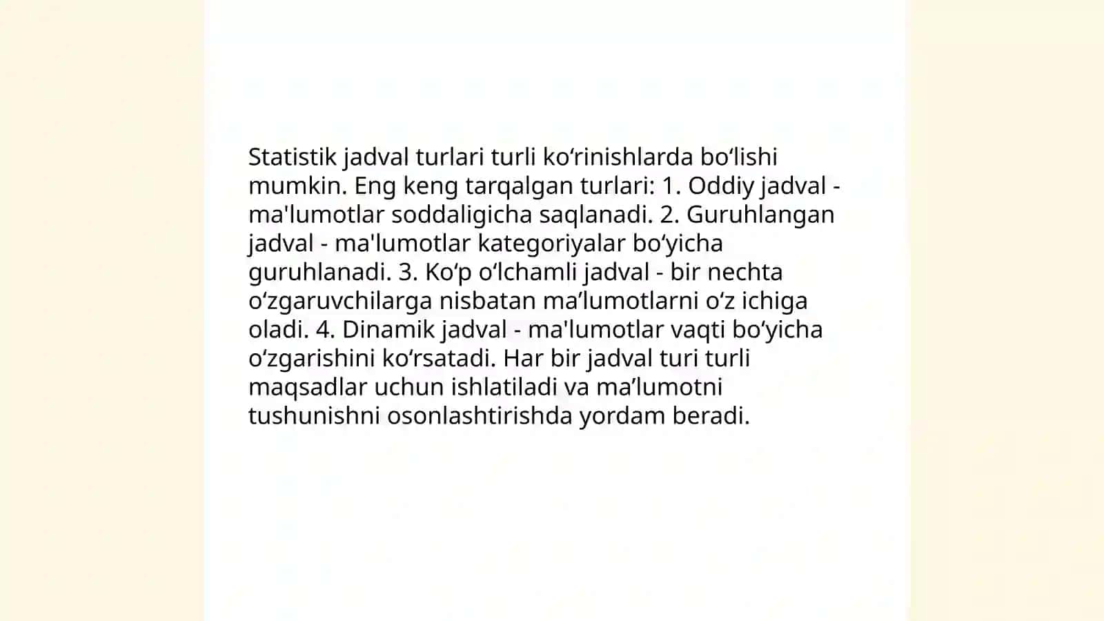 Statistik jadval turlari va uni tuzish qoidalari 4