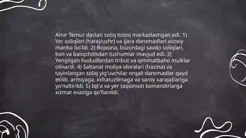 Amir Temurning iqtisodiy siyosatining asosiy tamoyillari 4