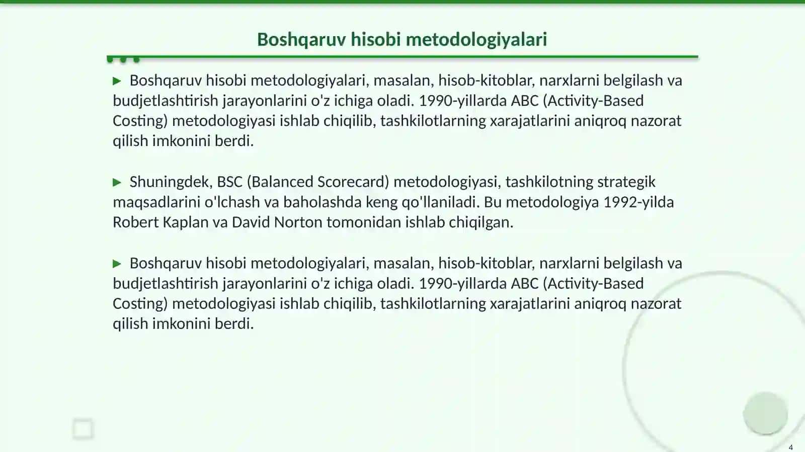 Boshqaruv hisobi yoʻnalishidagi nazariy qarashlar va amaliy tadqiqotlar 4