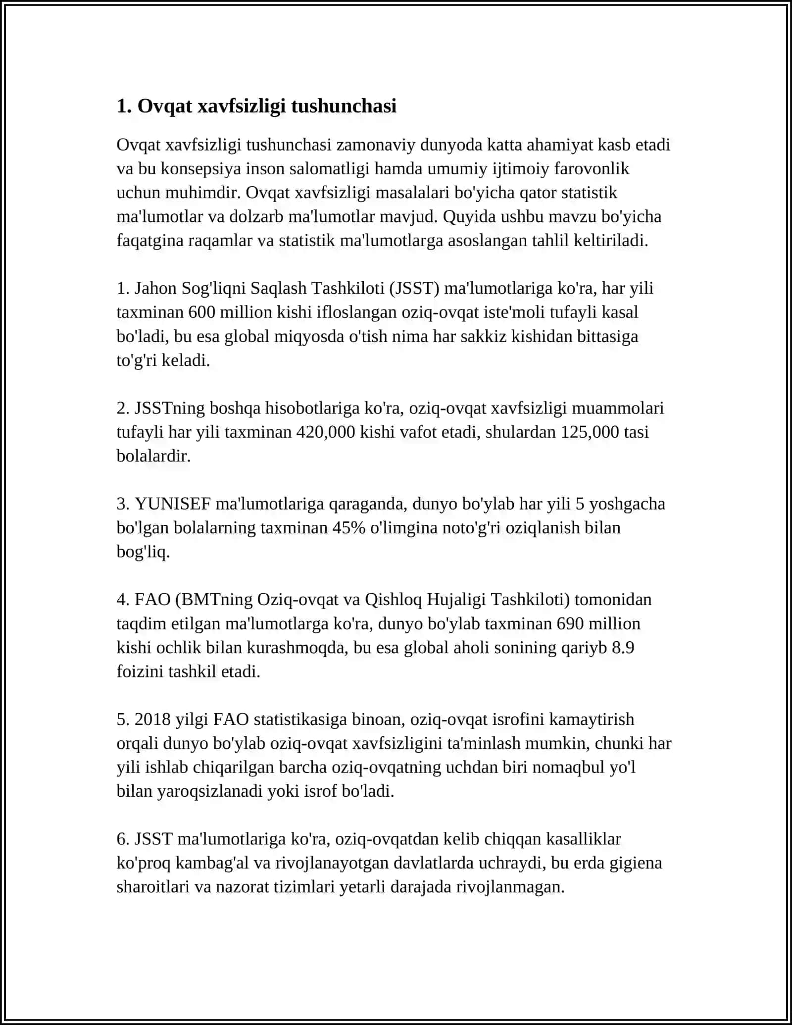 Oziq-Ovqat Xavfsizligi va Me'yoriy Ovqatlanishning Ijtimoiy-Tashkiliy Asoslari Referat 4
