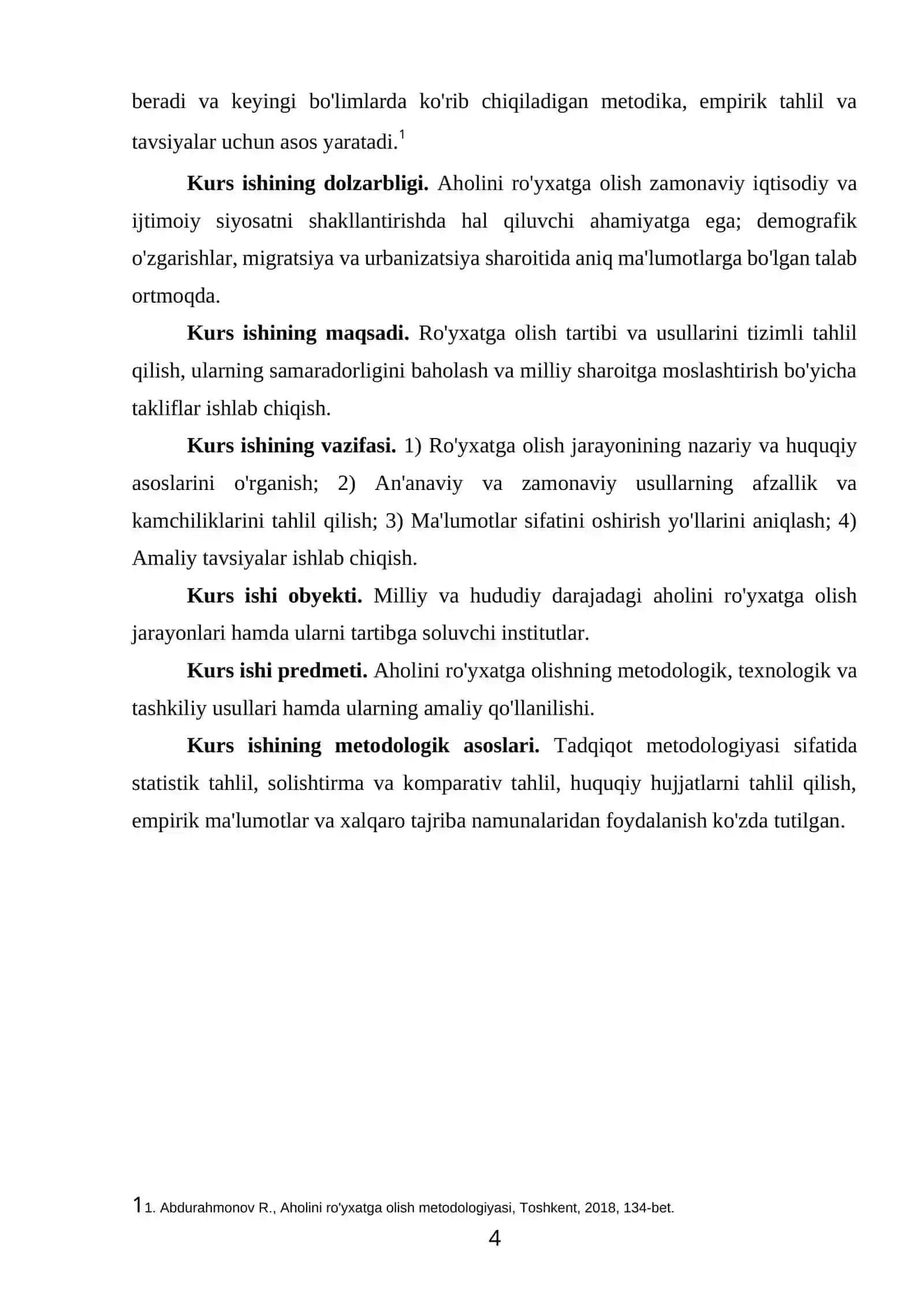 AHOLINI RO'YXATGA OLISH TARTIBI VA USULLARI” MAVZUSIDAGI KURS ISHI 4