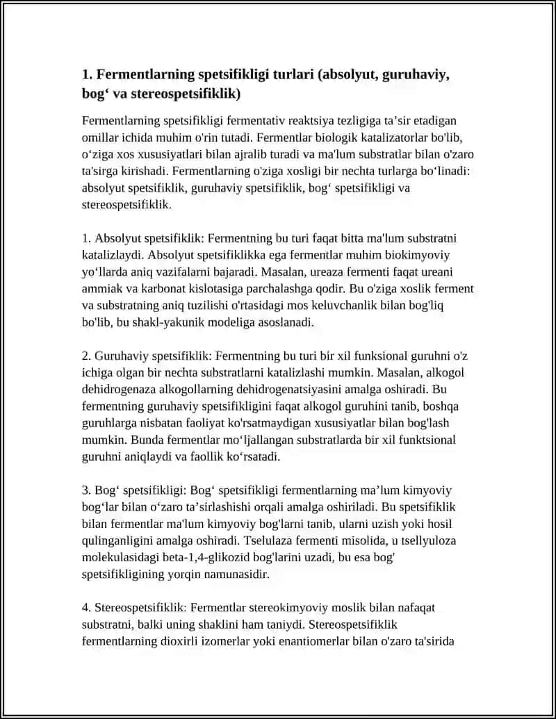 FERMENTLARNING SEPETSIFIKLIGI FERMENTATIV REAKSIYA TEZLIGIGA TAʼSIR ETADIGAN OMILLAR 4