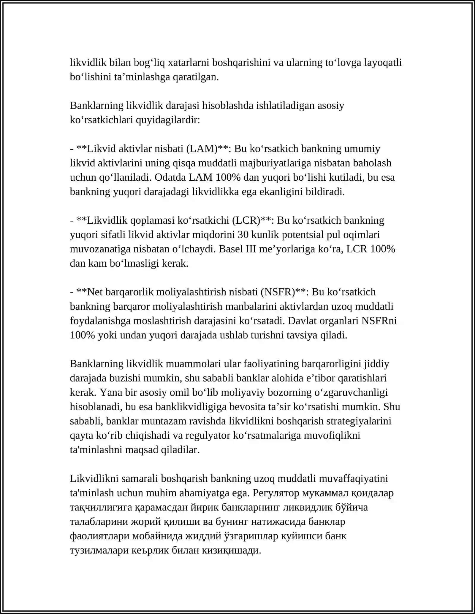 MUSTAQIL ISH Mavzu: TIJORAT BANKLARI LIKVIDLIGINING MOHIYATI VA AHAMIYATI 4