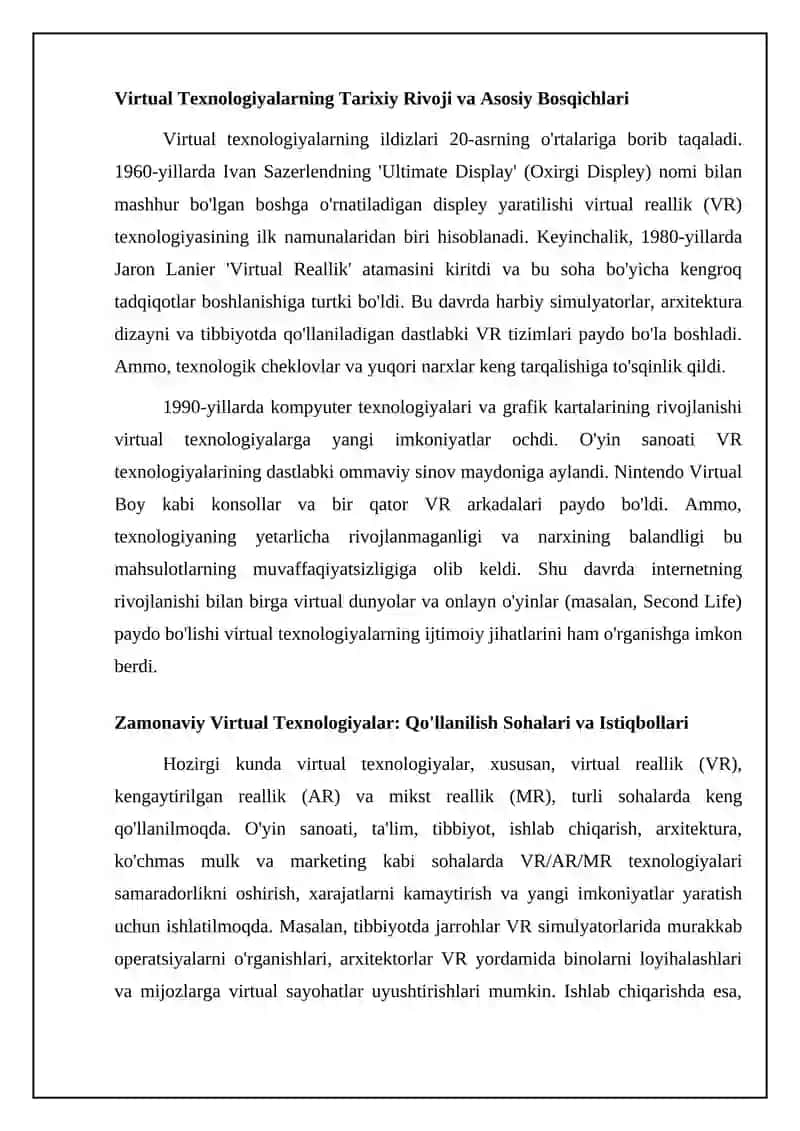 Virtual texnologiyalar: Tarix, Zamonaviylik va Istiqbol 4