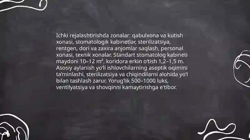 Stomatolog ish faoliyatini tashkil etishni ergonomik asoslari. Stomatologik bolimni tashkil etish 4
