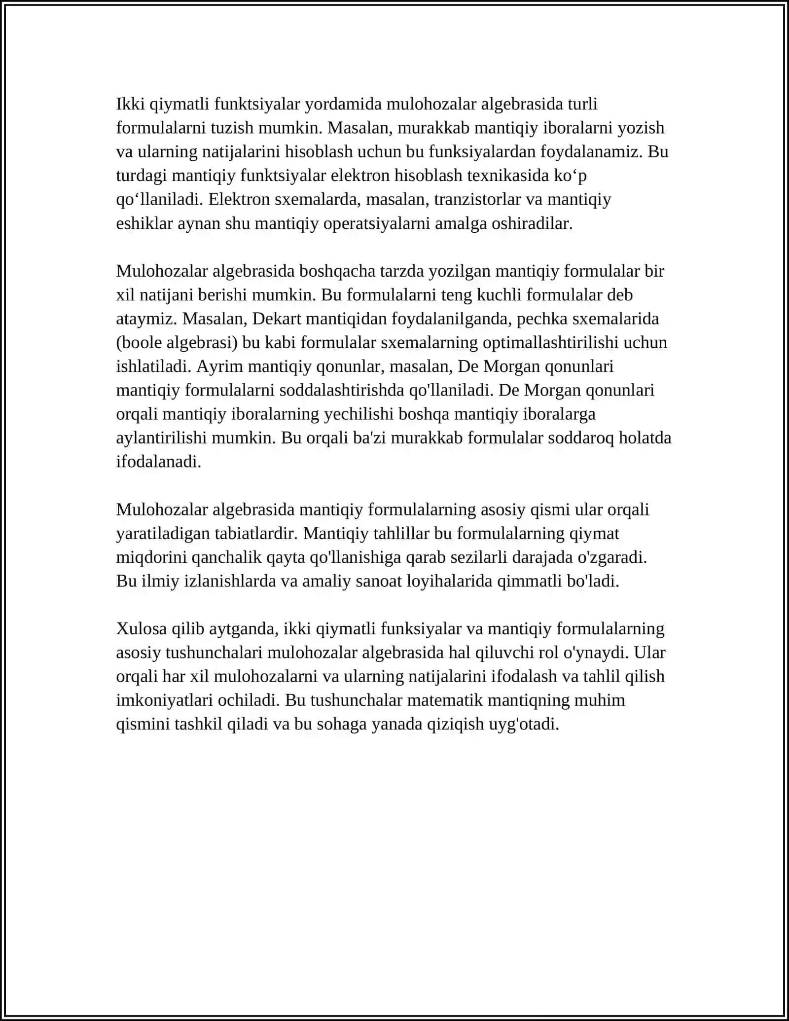IKKI QIYMATLI FUNKSIYA ORQALI MULOHAZALAR ALGEBRASINING FORMULASINI IFODALASH (DISKRET TUZULMALAR) 4