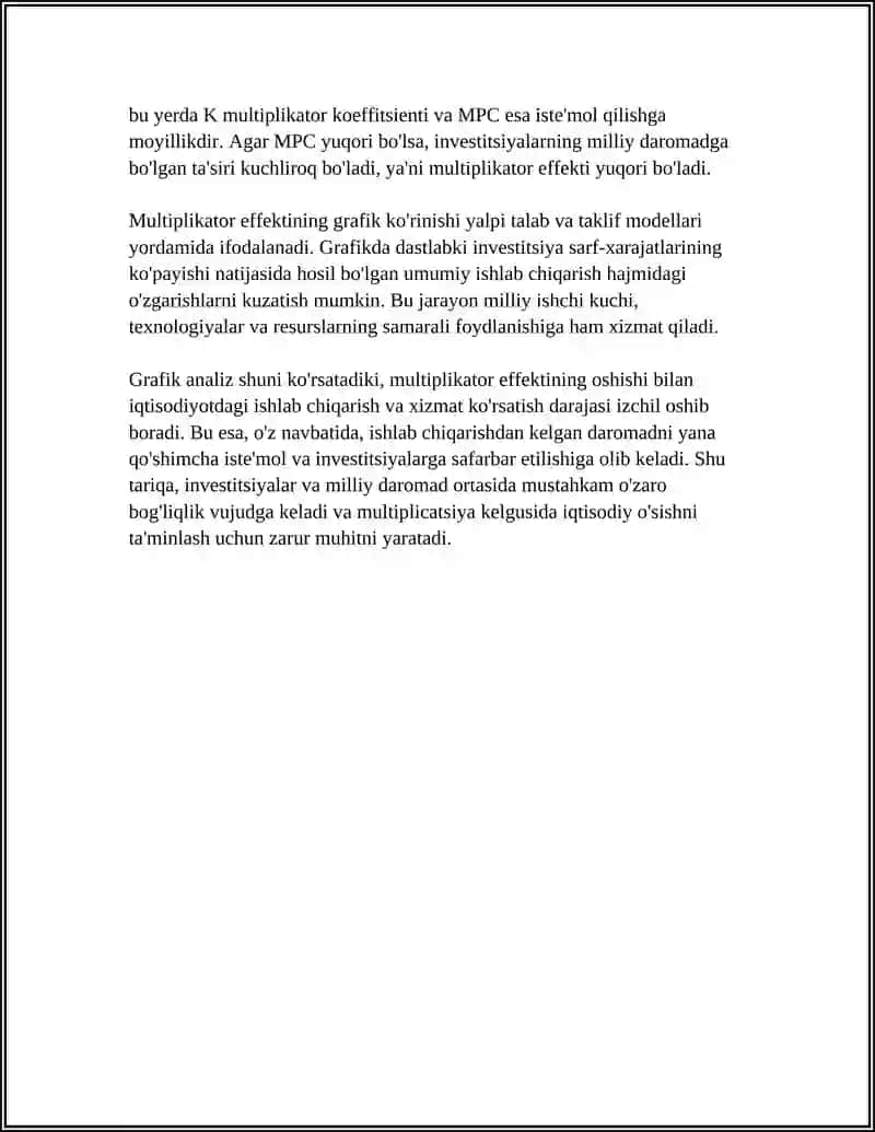 INVESTITSIYALAR VA MILLIY DAROMADLARNING O’ZARO BOG’LIQLIGI. MULTIPLIKATOR EFFEKTI VA UNING GRAFIK KO’RINISHI 4