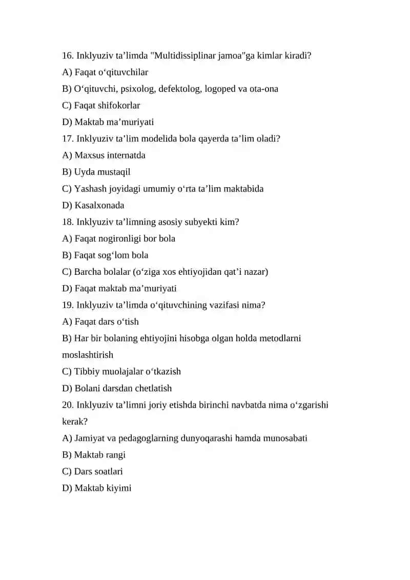 Inklyuziv ta’lim bo‘yicha test savollari       Inklyuziv ta’lim bo‘yicha test savollari 4