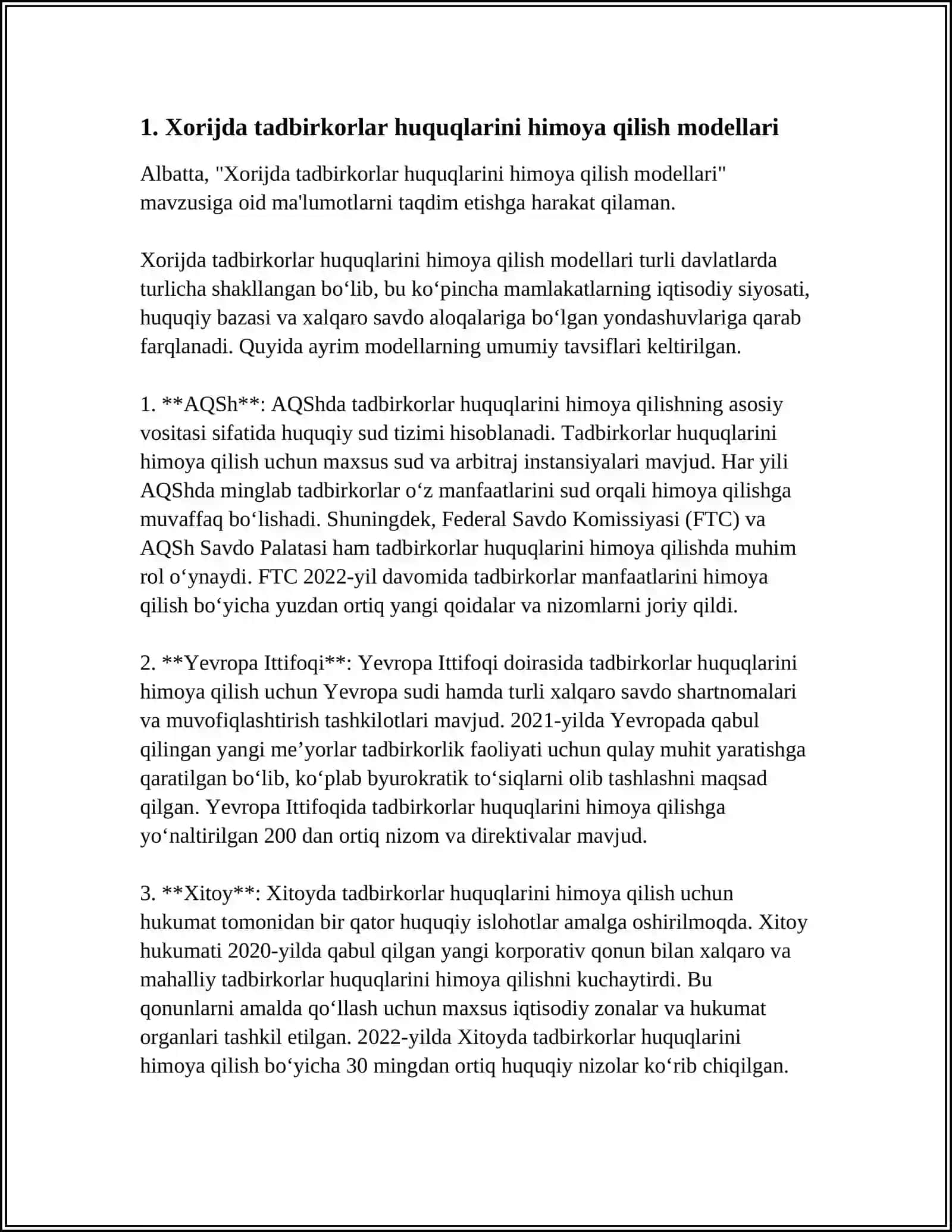 "TADBIRKORLAR HUQUQLARINI HIMOYA QILISH BOʻYICHA XORIJ TAJRIBASI" MAVZUSIDA REFERAT TAYYORLASH 4