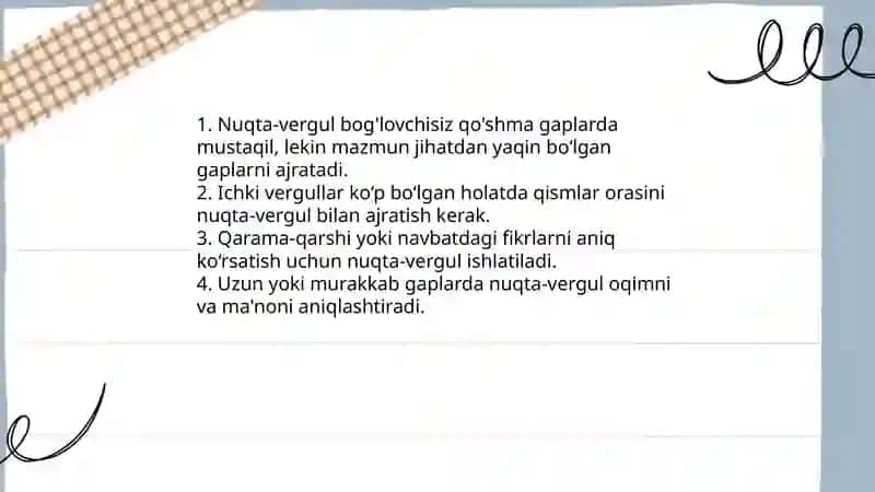Vergulning bog'lovchisiz qo'shma gaplarda ishlatilishi 4