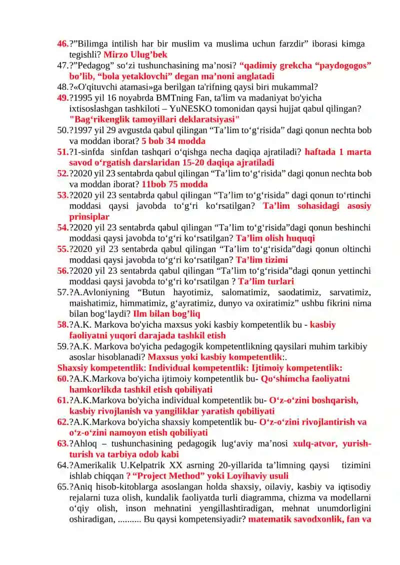 Boshlang‘ich ta’lim pedagogikasi -2 fanidan test savollari 4