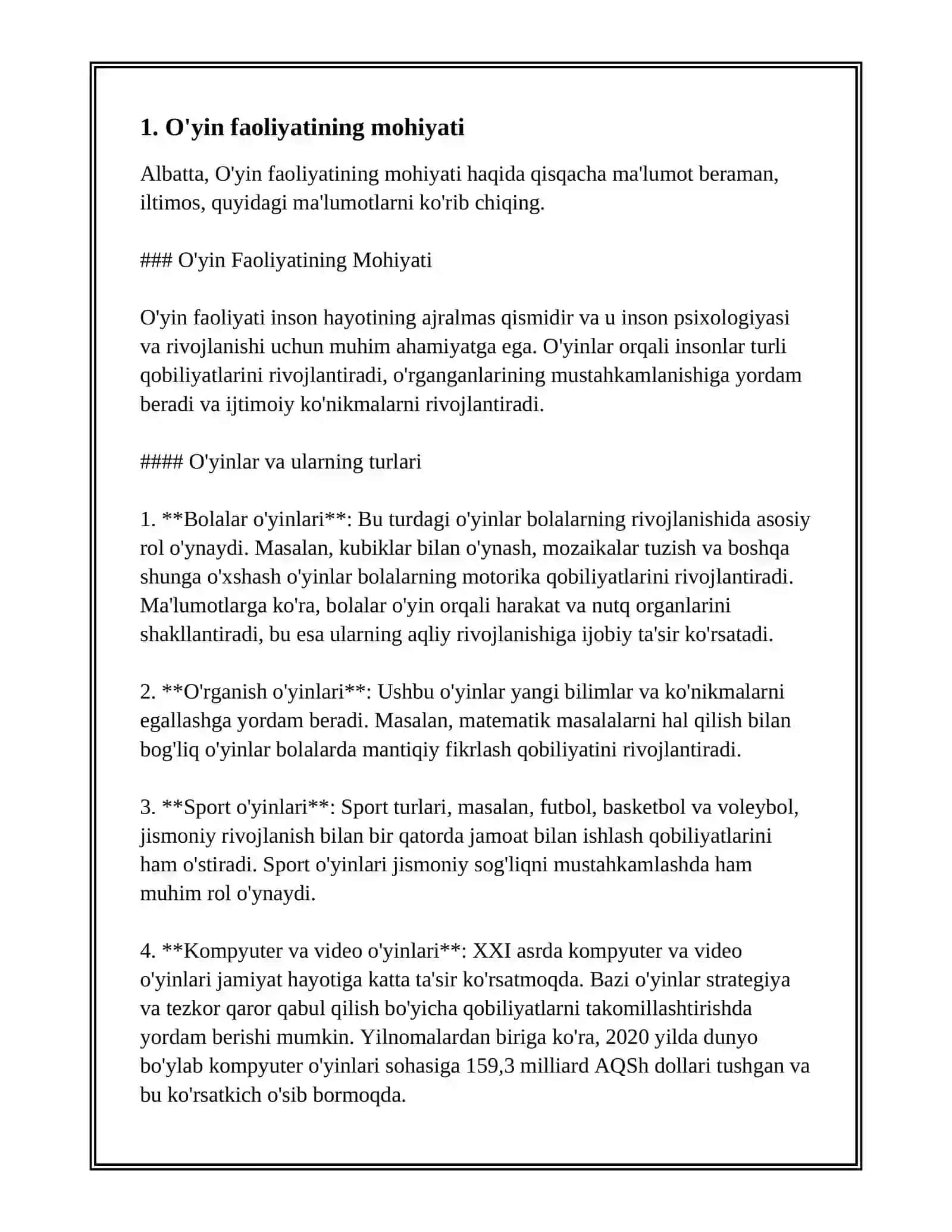 O'YIN MAKTABGACHA YOSHDAGI BOLANING YETAKCHI FAOLIYATI SIFATIDA O'YIN FAOLIYATINING SIFATIDA,O'YIN FAOLIYATINING MOHIYATI,TURLARI,BILISH JARAYONLARI VA SHAXS TARAQQIYOTIGA TA'SIR KO'RSATISH MEXANIZMLARI,O'YINCHOQNING BOLA PSIXIK RIVOJLANISHIGA TA'SIRI MUAMMOSI 4