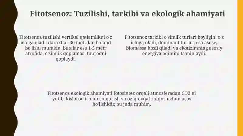 Biogeotsenozning tirik qismi fitotsenoz, zootsenoz va mikrobotsenozdir 4