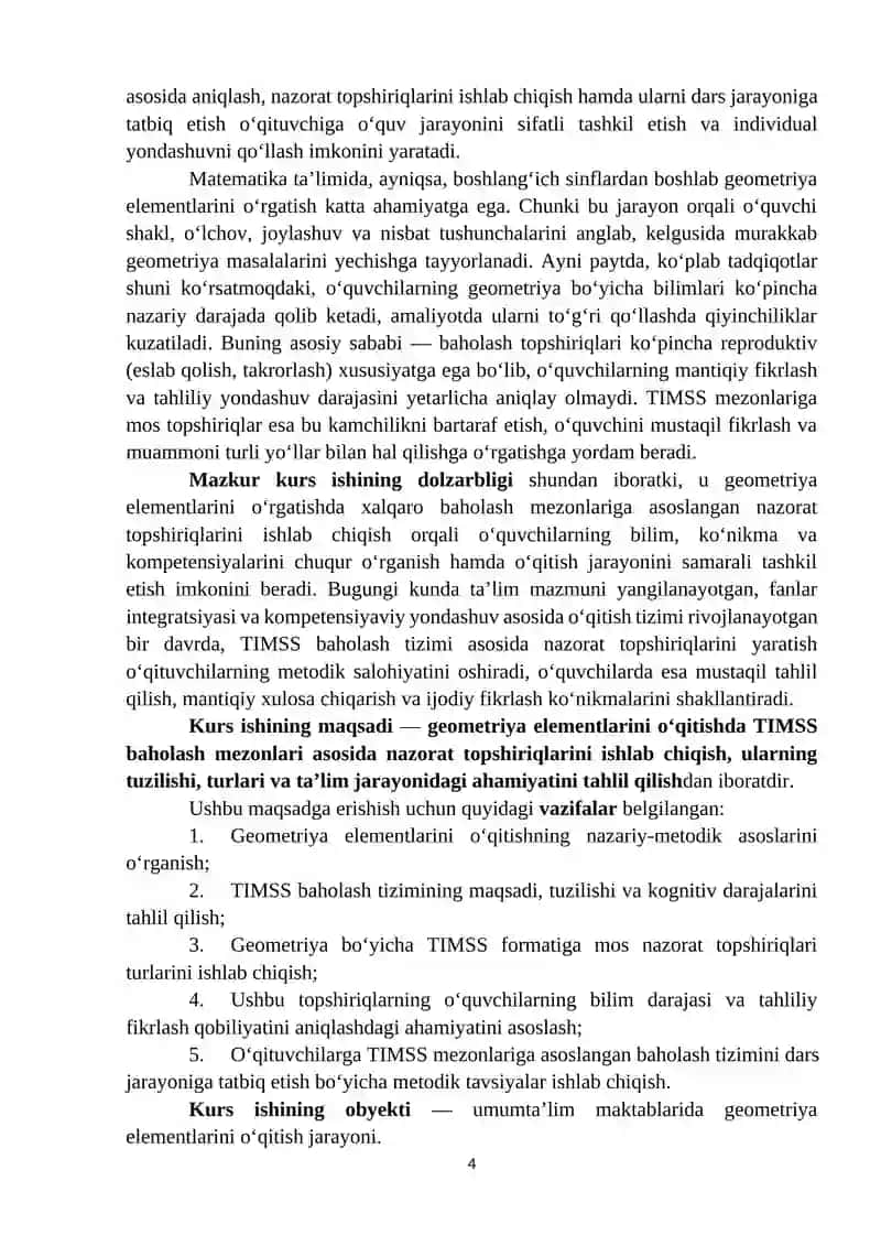 Geometriya elementlarini oʻrgatishda TIMSS baholash mezoni asosida nazorat qilish uchun topshiriqlar tuzish 4