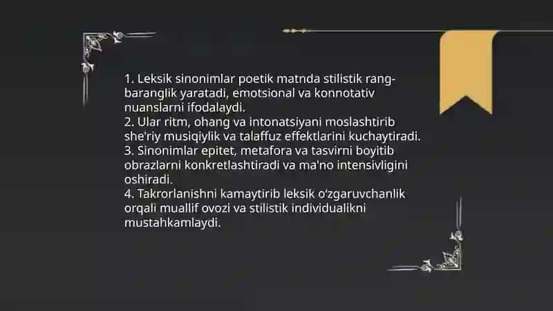 Leksik sinonimlar poetik vosita sifatida Chirmatova Dilshoda 4