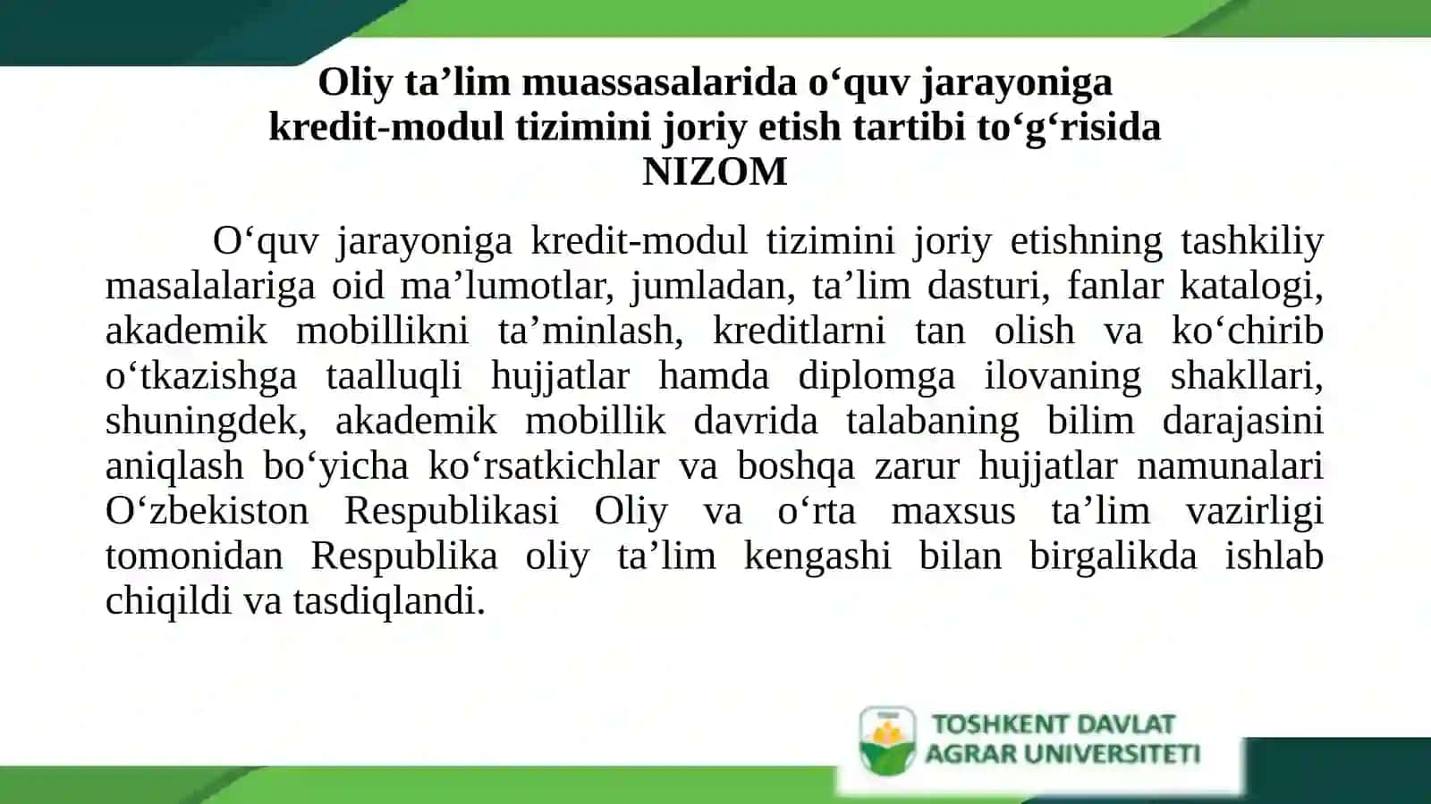 Toshkent Davlat Agrar Universitetida O'quv Jarayonini Kredit-Modul Tizimi Asosida Tashkil Etilgan Ishlar 4