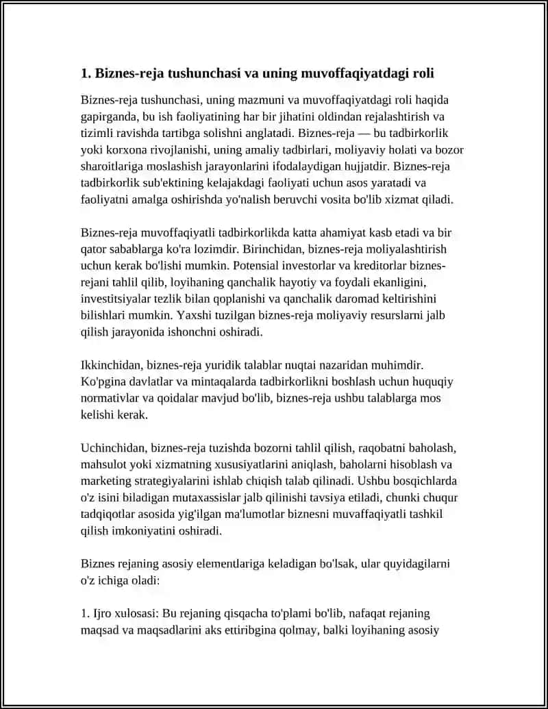 MUVOFFIYATLI BIZENSS REJA TUZISH VA UNING ASOSIY ELEMENTLARI 4
