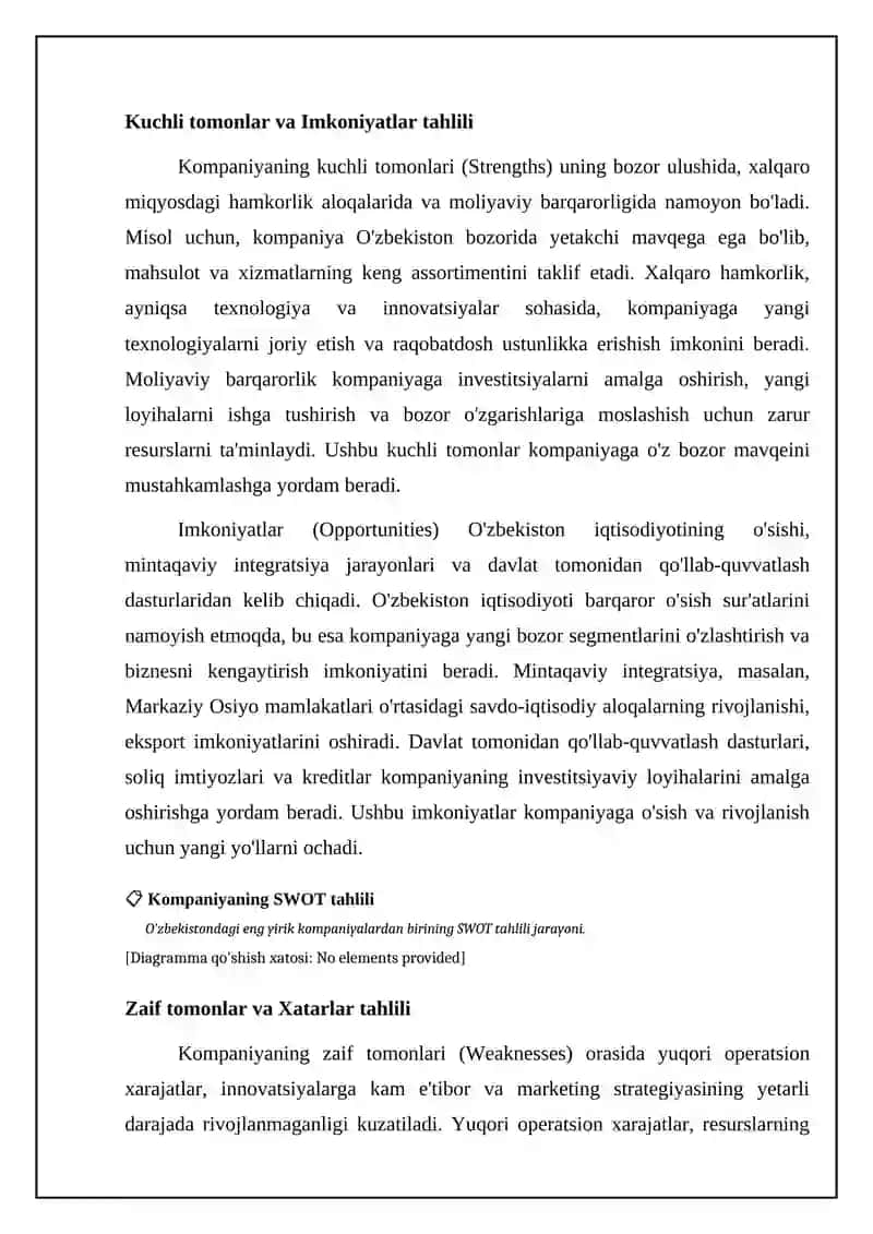 Ozbekistondagi yirik kompaniyalarning birini SWOT tahlili 4