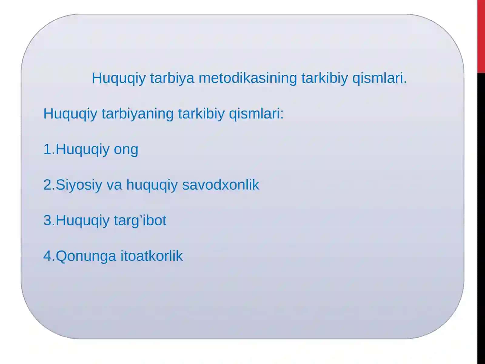 Huquq o’qitish metodikasining predmeti, maqsad va vazifalar. 4