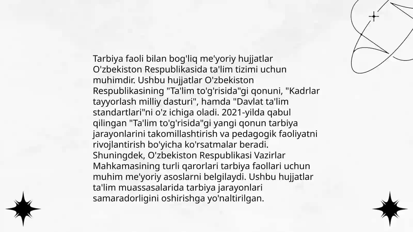 Tarbiya fanini mazmunini belgilovchi me'yoriy hujjatlar tahlili 4