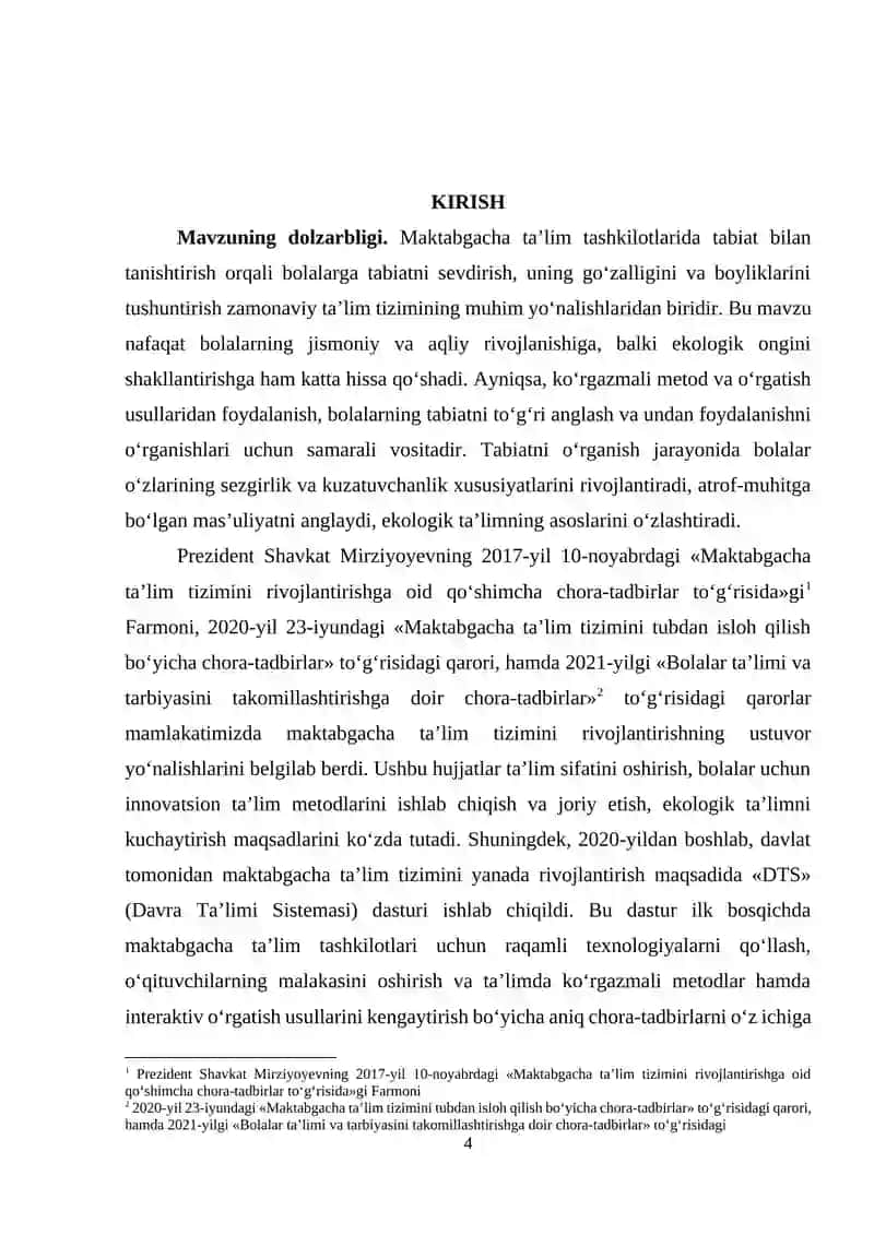 Maktabgacha ta’lim tashkilotlarida tabiat bilan tanishtirish orqali ko‘rgazmali metod va o‘rgatish usullaridan foydalanish 4
