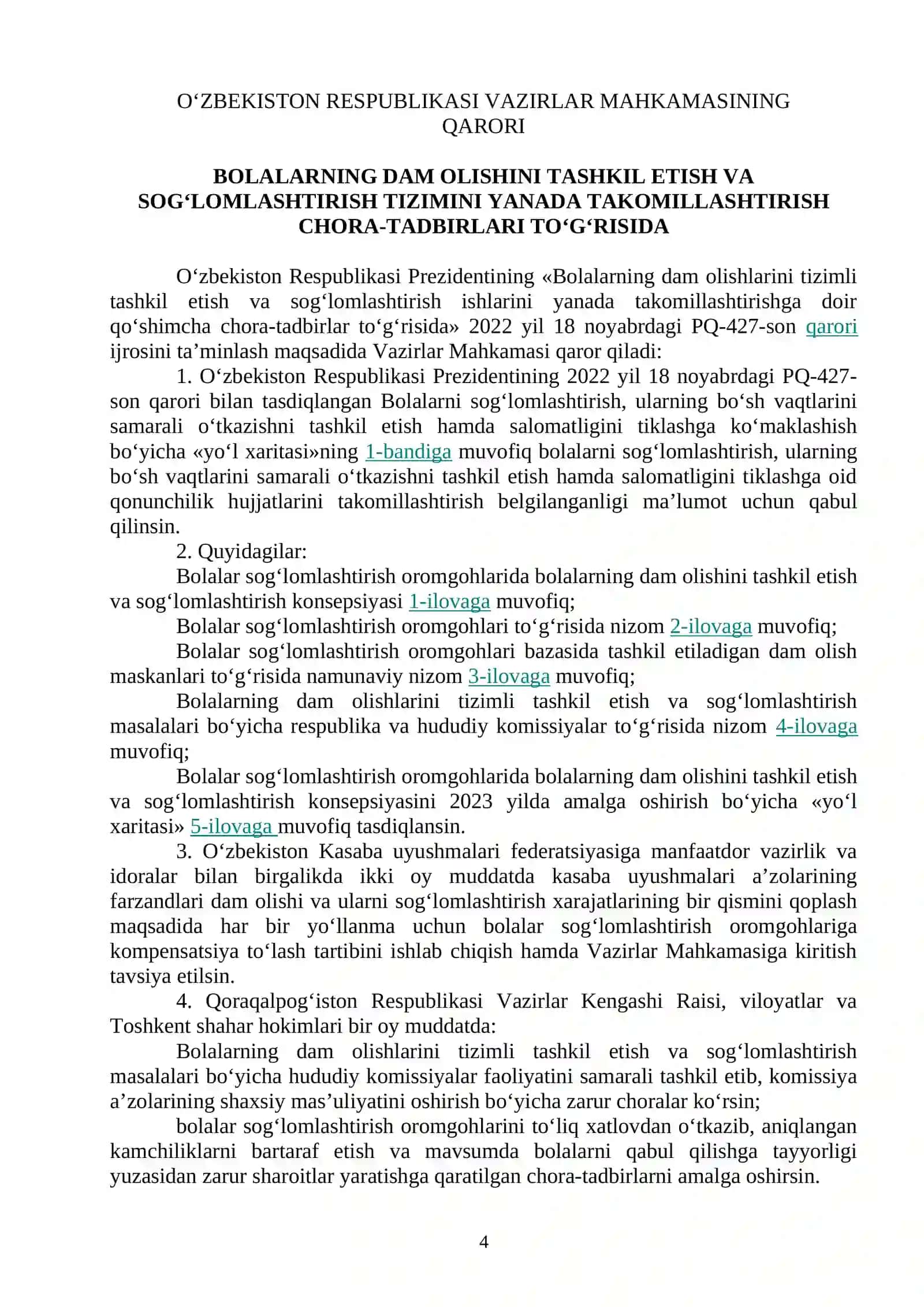 YOZ MAVSUMIDA BOLALARNING STATSIONAR SOG‘LOMLASHTIRISH OROMGOHLARI FAOLIYATINI TASHKIL ETISH BO‘YICHA METODIK QO‘LLANMA 4