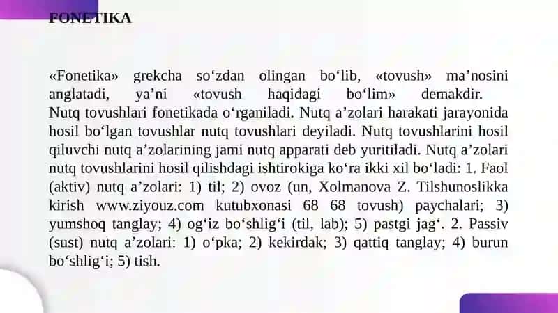 Tilshunoslik va uning bo‘limlari. Til sathlari. 	Fonetika va fonologiya 4