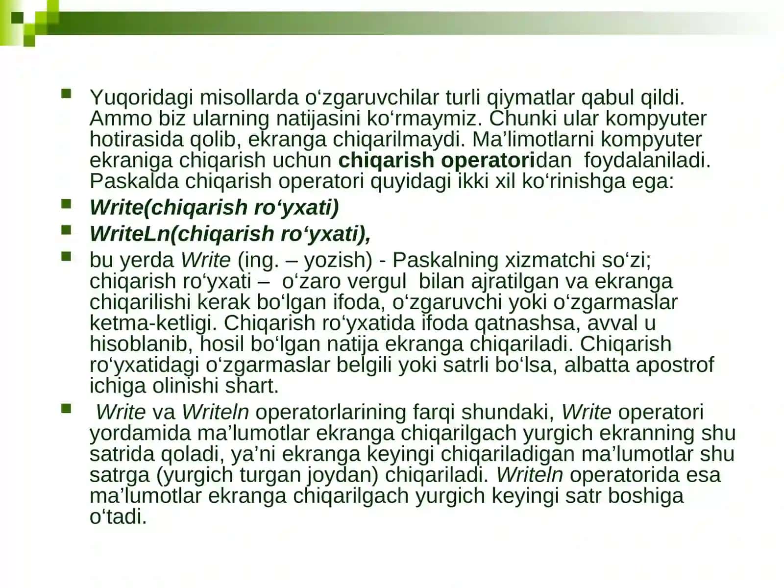 O’zlashtirish va ma’lumotlarni ekranga chiqarish operatorlari 4