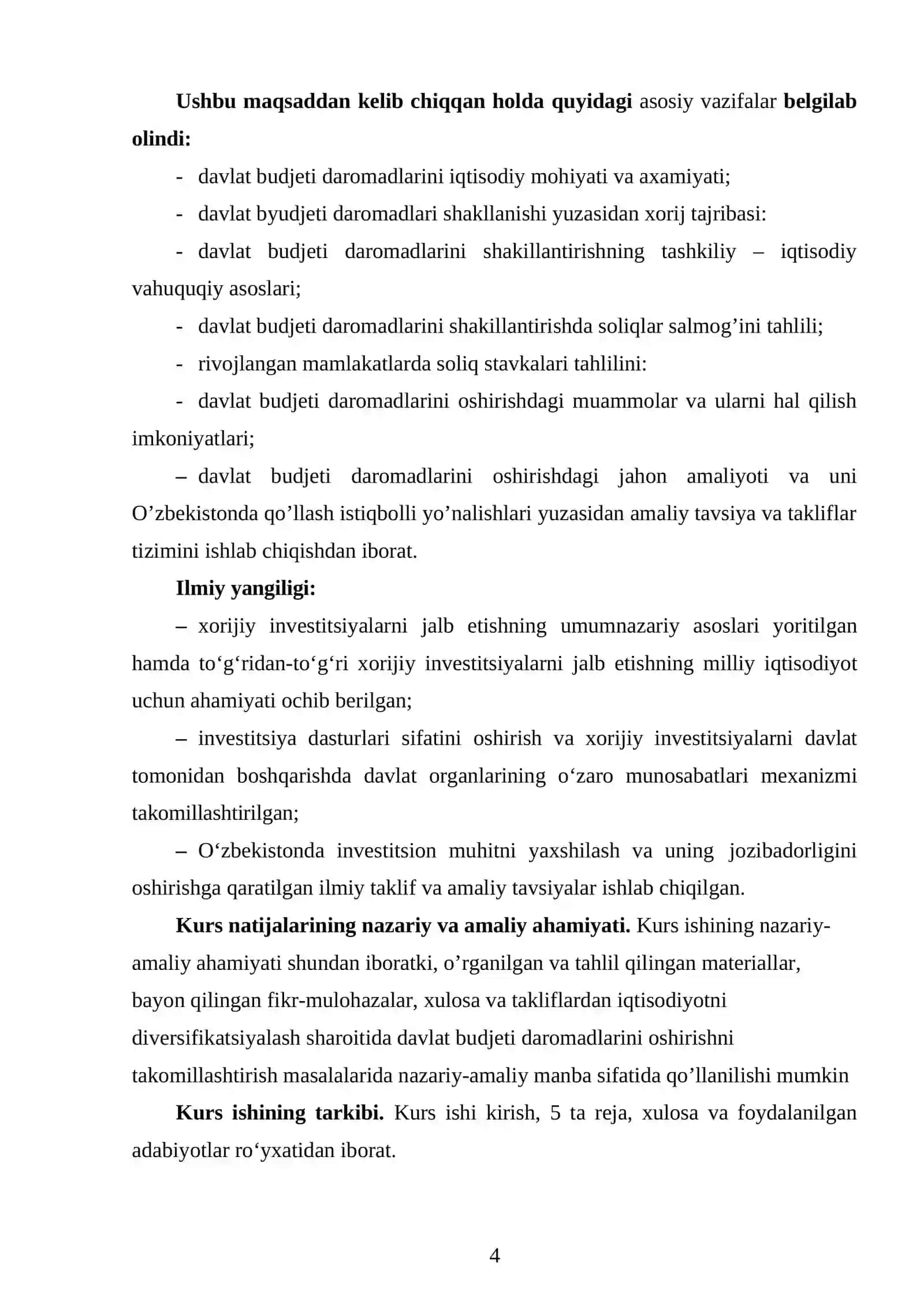 Budjetdan tashqari maqsadli jamg’armalarning faoliyatini takomillashtirishda xorij tajribasi va uni milliy iqtisodiyotda tadbiq etish masalalari mavzusidagi kurs ishi 4