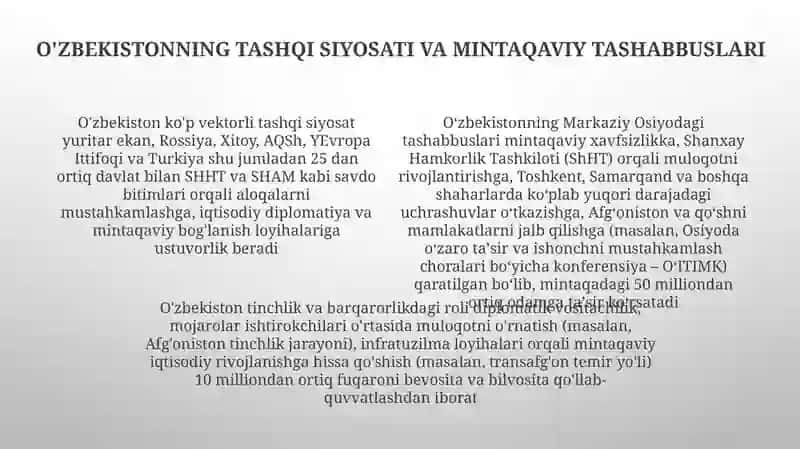 O‘zbekistonning Markaziy Osiyoda tinchlik va barqarorlikni taminlashdagi o‘rni 4