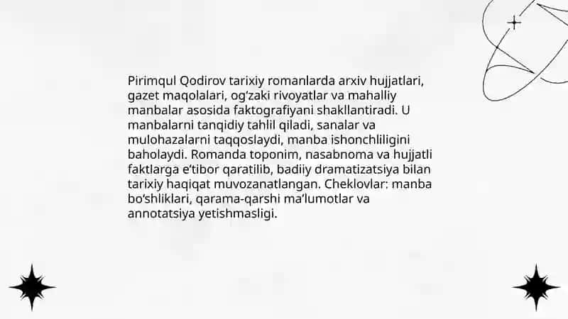 Pirimqul Qodirovning tarixiy romanlari tahlili 4