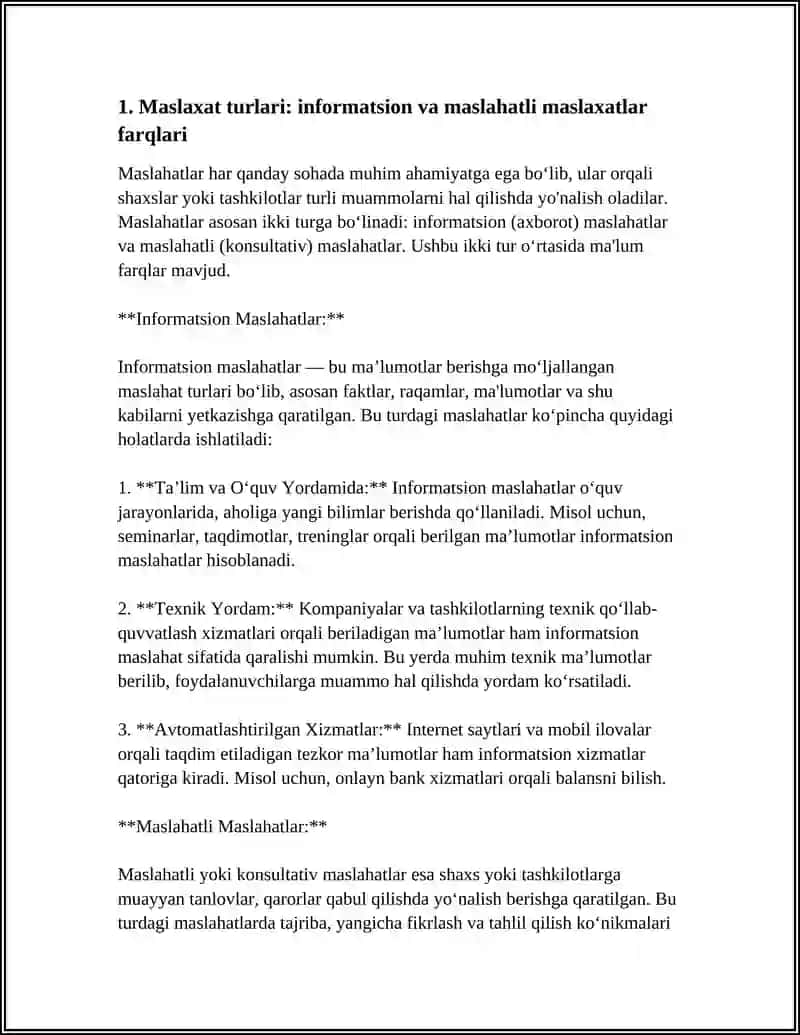MASLAXAT TURLARI,QOIDALARI,MASLAXAT BERISH KOʻNIKMALARI,ASOSIY PRINTSIP VA QOIDALARI.KOMMUNIKATSION TOʻSIQLAR 4