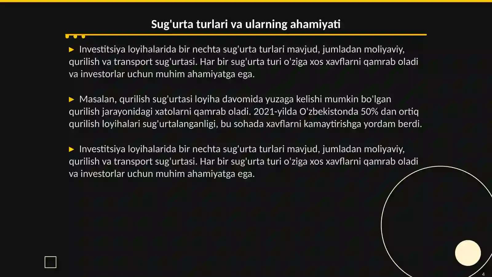 Sug'urtaning investitsiya loyihalarini amalga oshirish va moliyalashtirishda sug'urtaning o'rni 4