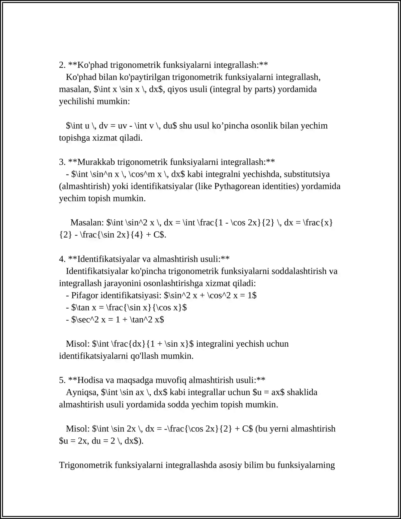 TRIGONOMETRIK VA BAZI IRRATSIONAL FUNKSIYALARNI INTEGRALLASH 4