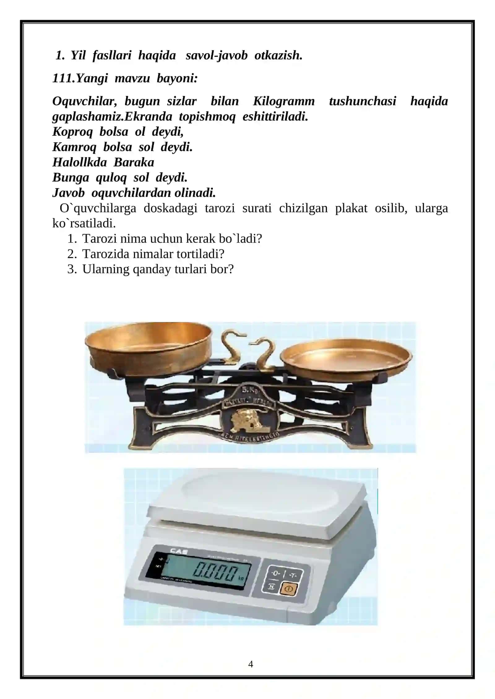 1-sinf matematika fanidan Kilogramm mavzusidagi dars mashg`uloti 4