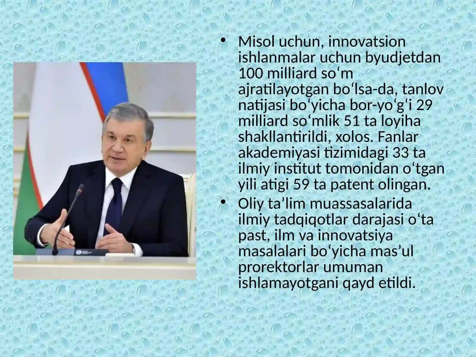 O'zbekiston Respublikasi Prezidenti Shavkat Mirziyoyevning ilm-fanni rivojlantirish borasidagi tashabbuslari 4