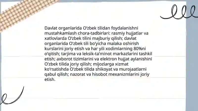 Oʻzbek tilining davlat tili sifatidagi nufuzi va mavqeyini tubdan oshirish chora-tadbirlari toʻgʻrisida 4