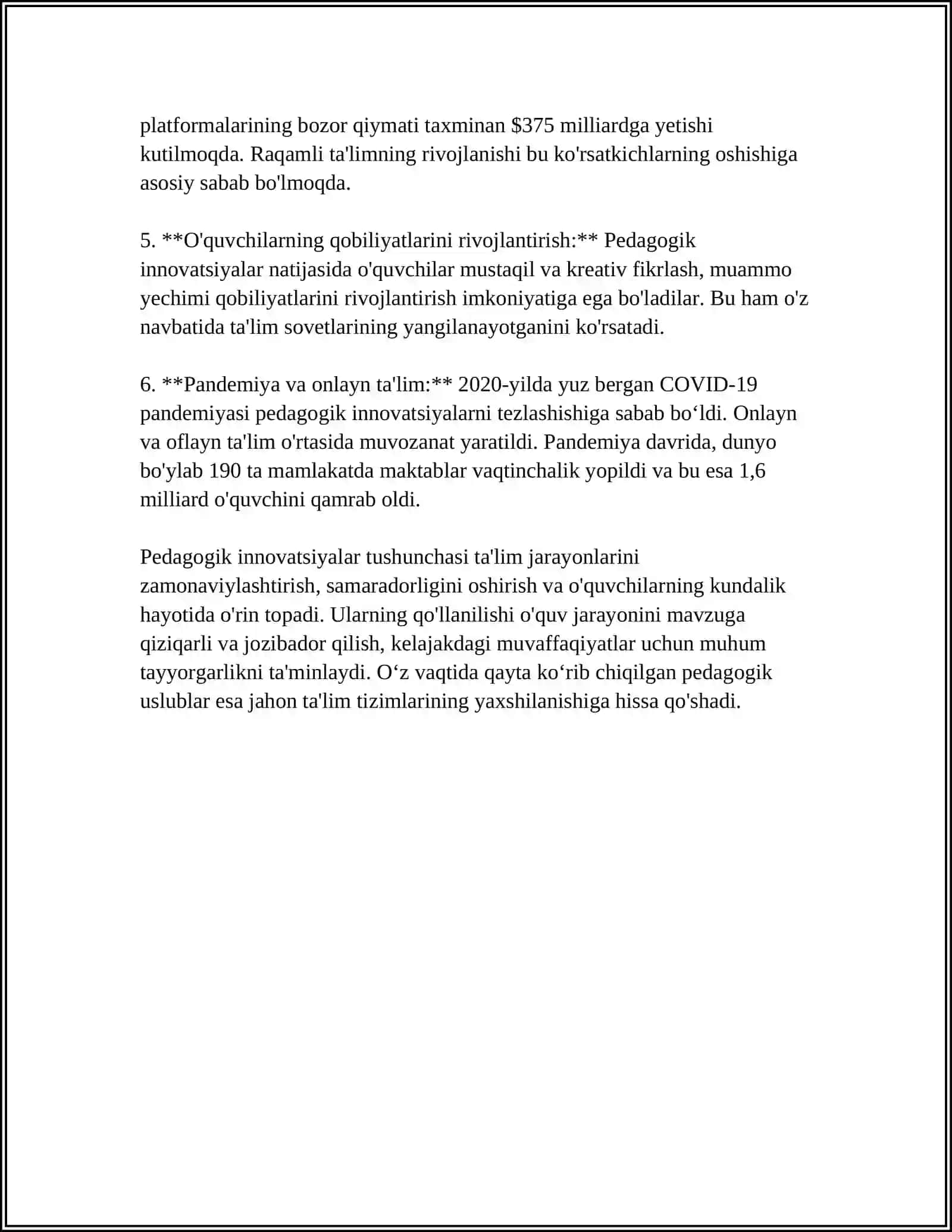 BOʻLAJAK OʻQITUVCHILARNI TAYYORLASHDA PEDAGOGIK INNOVATSIYALARDAN FOYDALANISH. XULOSA VA ADABIYOTLAR 4
